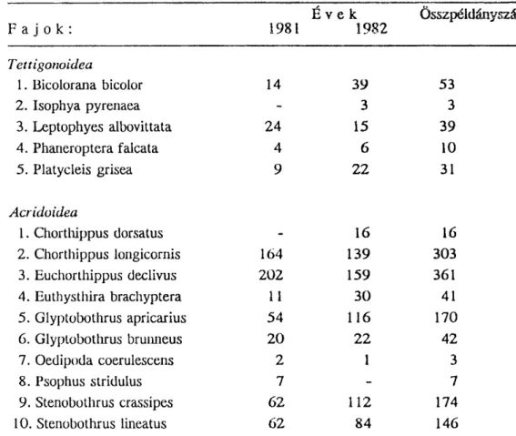 6. táblázat: korráziós völgy  É v e k Összpéldányszám  F a j o k : 1981 1982  Tettigonoidea  1