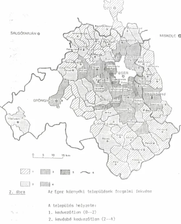 2. ábra  Az Eger környéki települések forgalmi fekvése  A település helyzete:  1. kedvezőtlen (0—2)  2