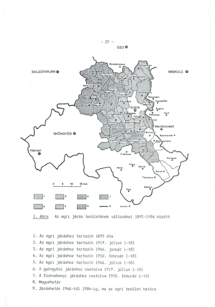 1. ábra  Az egri járás területének változásai 1895-1984 között