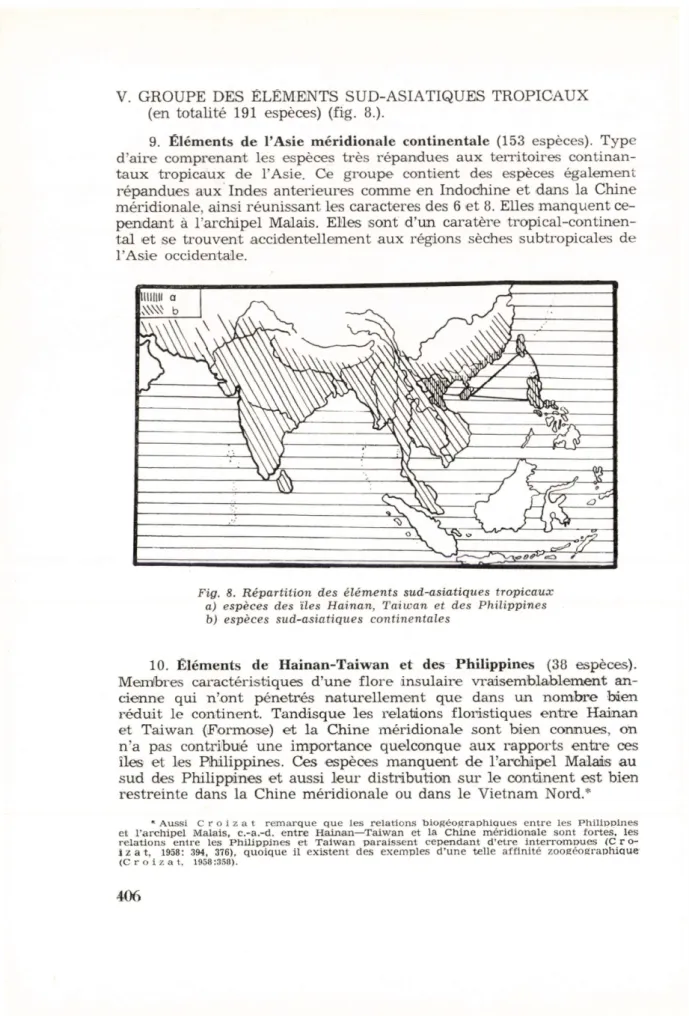 Fig. 8. Répartition  des  éléments  sud-asiatiques  tropicaux  a)  espèces  des  îles Hainan, Taiwan  et  des  Philippines  b)  espèces  sud-asiatiques  continentales 