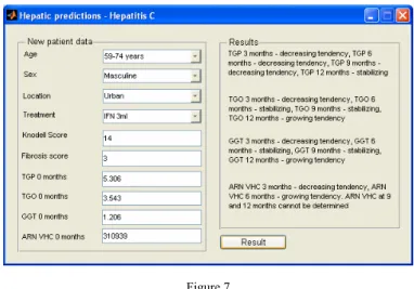 Fig. 7 is the user interface for hepatitis C predictions. The user has to choose a  range regarding the age of the patient, the sex, the location where the patient lives  (rural/urban), the treatment (IFN, Peg interferon α-2a or Peg interferon α-2b) and  h
