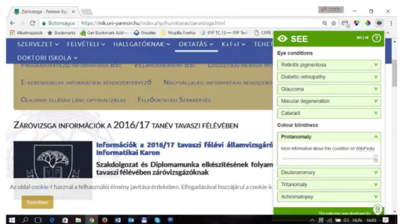 7. ábra: A „záróvizsga” információinak weboldala, ahogyan azt egy protanóp felhasználó látja  A  tesztelés  eredményeként  arra  a  következtetésre  jutottam,  hogy  sajnos  nem  minden  magyar  felsőoktatási  webhely  mondható  akadálymentesnek  a  színté