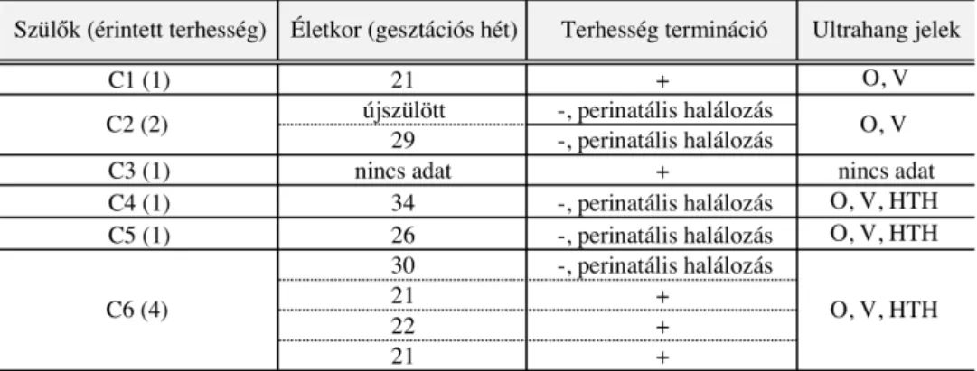 3. táblázat. Az indirekt PKHD1 mutáció analízisben részt vevő obligát heterozigóták. Rövidítések: O: 