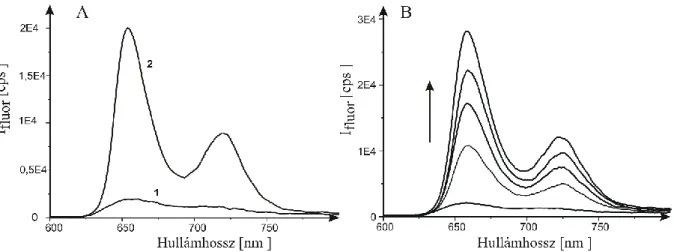 15. ábra TP(4-OGluOH) 3 P fluoreszcencia emissziós spektruma (A) M9 foszfát pufferben, pH  7,4 (1) és metanolban (2); (B) M9 foszfát pufferben különböző mennyiségű DMPC liposzóma 