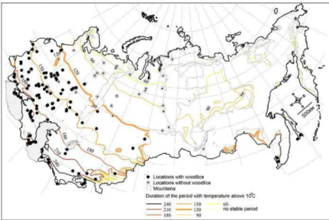   2.2. ábra: Az Oniscidea alrend fajainak ismert  előfordulási adatai a volt Szovjetunió területén