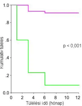 4.1.3. ábra. Az alkoholos májzsugoros betegek túlélésének Kaplan-Meyer szerinti vizsgálata