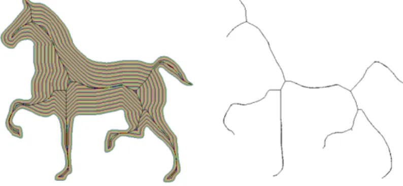Figure 1.14: Illustrating the prairie-fire propagation for a horse. Colored lay- lay-ers removed by the isotropic object reduction process (left) and the skeleton (right).