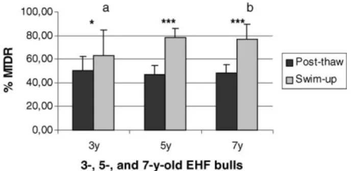 Fig. 2. Mitochondrial activity of sperm from 3-, 5-, and 7-year-old Estonian Holstein AI bulls (EHF) after thawing and swim-up treatment (means  S.D