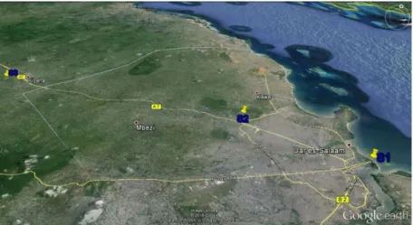 12. ábra   Tengerparti (S1), félvárosias (S2) és vidéki (S3) mintavételi pontok   elhelyezkedése Dar es Salaamban és környékén