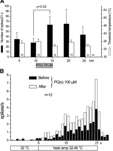 15. ábra. A prosztaglandin(ok) (PGs) hatása a C polimodális (C-MH) nociceptorok hőingerlésre adott válaszára az  izolált  patkánybőrben
