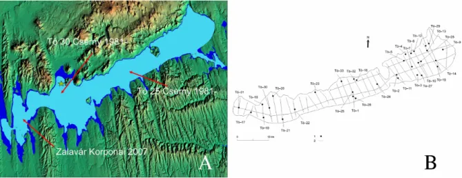 20. ábra. A dolgozatban szereplő balatoni fúrások helyei (A). Zalavári-víz, Kis-Balaton ; Tó-30, Szigligeti medence ; Tó-25 Szemesi medence ; (Korponai et al