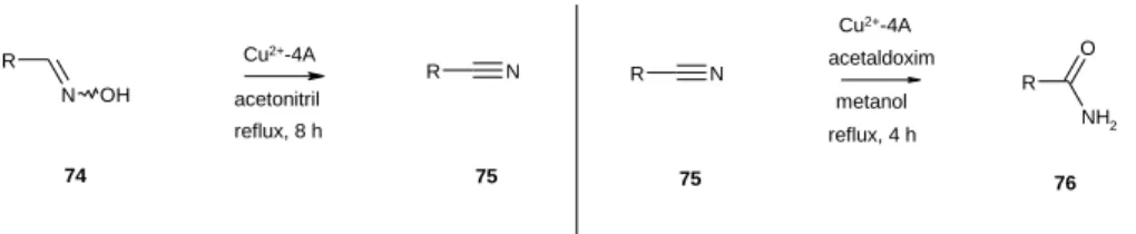 12. ábra: Aldoximok átalakítása nitrillé és nitirlek átalakítása savamiddá Cu 2+ -4A katalizátorral 