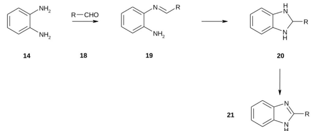 12. ábra: A benzol-1,2-diamin és aldehidek reakciójára leírt mechanizmus [38] 