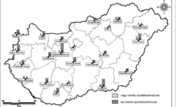 22. ábra Az 1960-as évek közepe és az 1980-as évek vége között épület sportlétesítmények a  magyarországi megyei jogú városokban 