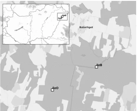 E.1.2.1. ábra: A Fényi erdő két szubpopulációja. FO: Ömböly; FB: a román magyar határ melletti  szubpopuláció (határszél)