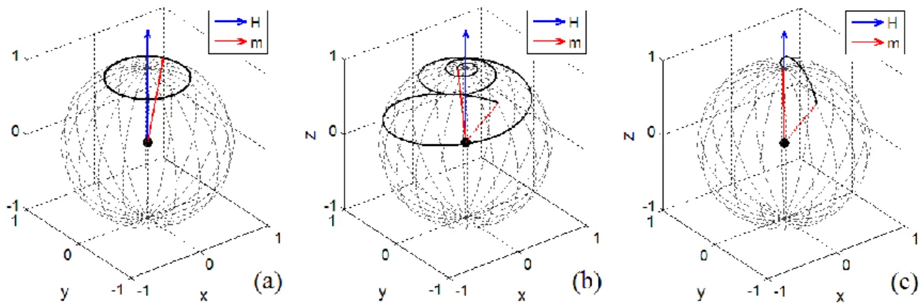 1. Ábra Mágneses dipólusmomentum precessziója külső mágneses térben: csillapítás nélkül α = 0 (a), kisértékű  csillapítás α = 0.15 (b), és túlcsillapítás α = 3 (c)