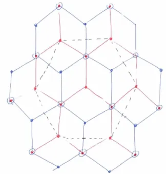 1. ábra. A kiterjesztett elemi cella, amely 12 atomot tartalmaz. A két réteg atomjait piros illetve kék színnek jelöltem, ahol egymás felett vannak, ott az egyik atom karika lett