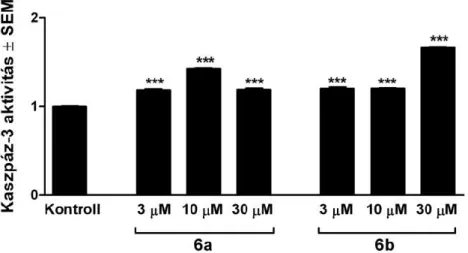 15. ábra   A 6a és 6b vegyületek hatása a kaszpáz-3 aktivitásra HeLa sejtek  24 órás kezelés után