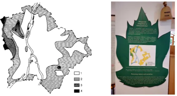9. ábra. Budapest zuzmótérképe (Farkas 1982 alapján) és a térkép Vácrátóton a Berkenye-ház  kiállításán