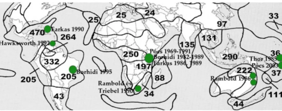 2. ábra. A szerző által feldolgozott gyűjtések (zöld foltok, gyűjtők és évszámok) a levéllakó zuzmók fajszámának  eloszlását Takhtajan biogeográfiai régiói szerint ábrázoló térképen (vö