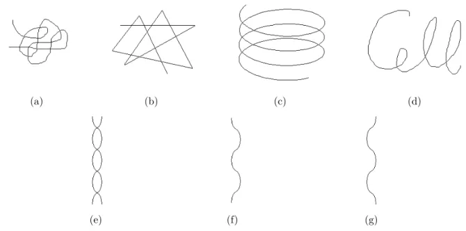 Figure 3.6: Test curves of different types; (a) General, (b) Lines, (c) Spring, (d) Script, (e) Non-Eulerian, (f)-(g) Eulerian paths to compose the Non-Eulerian curve.