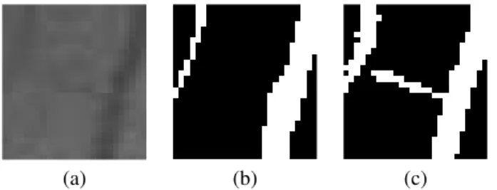 Fig. 4. A really thin and low contrast vessel on the test image (a), its standard manual labeling (b), and the segmentation of the proposed method.