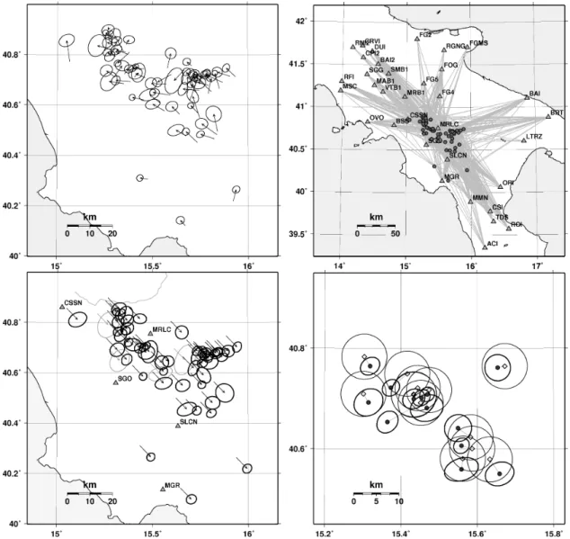 10. ábra. Campania-Lucania cluster, dél Olaszország. a) HDC analízis. A vektorok az EHB  epicentrumoktól a HDC megoldások felé mutatnak