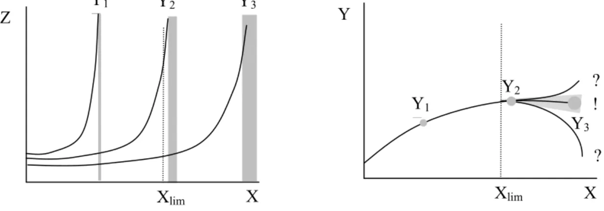 3.4. ábra: Egy mért görbe (X&lt;X lim ) extrapolációja egy anomális Z(X) mennyiség extrapolációjával a  mérhetőségi  határ  feletti  X  értékek  régiójába