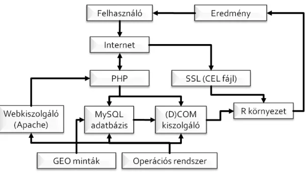 3. ábra. A kiszolgáló számítógépen m ű köd ő  rendszer sematikus ábrája. Az R környezetben történnek a  számítások, amelyeket részletesen a következ ő  ábrán mutatunk be