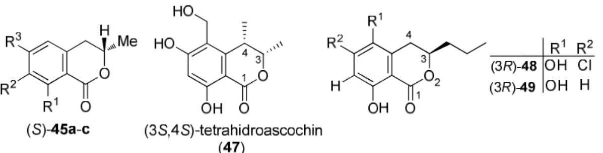 4. ábra (S)-45a-c, (3S,4S)-tetrahidroascochin (47) phomolakton A [(3R)-48] és B [(3R)-49] szerkezete