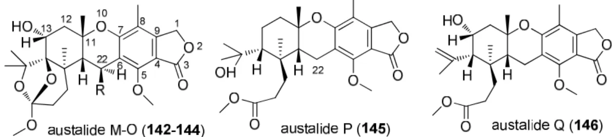 11. ábra Az austalide M-Q (142-146) meroterpenoid származékok szerkezete. 