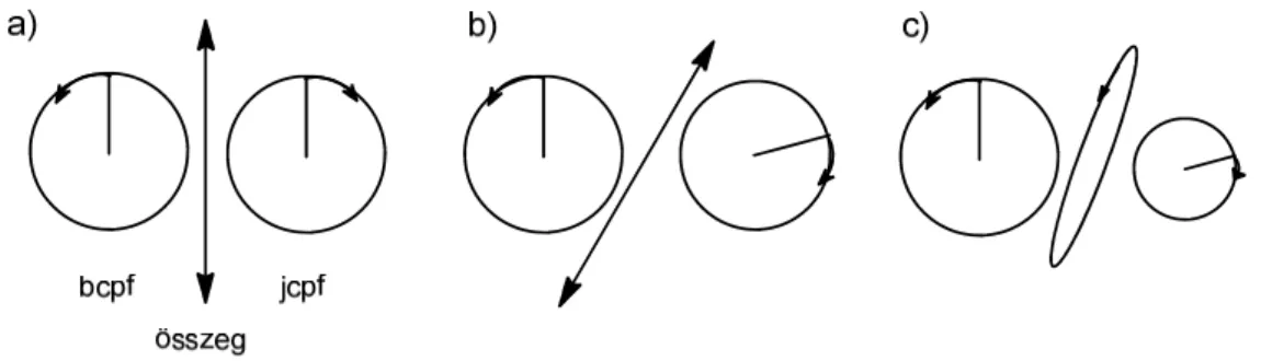 11. ábra. a) A bcpf és jcpf vektorok a mintán való áthaladás után és az összegzésükkel kapott térerősség  vektor,  ha  a  bcpf  és  jcpf  törésmutató  különbsége  zérus  (∆n  =  0);  nincs  forgatás,  ha  például  akirális  a  minta