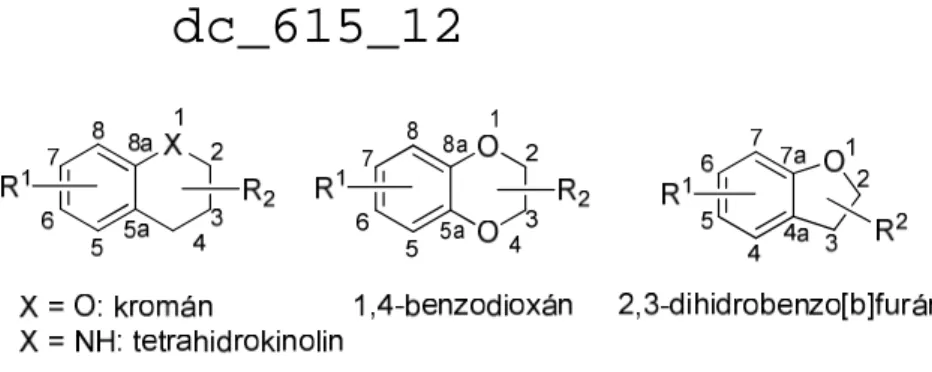 15. ábra Kromán, tetrahidrokinolin, 1,4-benzodioxán és 2,3-dihidrobenzo[b]furán származékok  szerkezete