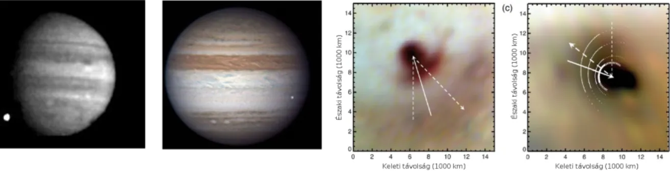 1.11. ábra. A Jupiteren megfigyelt becsapódási események. Balra: a Galileo ˝urszonda észlelése a Shoemaker-Levy 9 üstökös W fragmentumának becsapódásáról (1994 július 22; NASA/JPL)