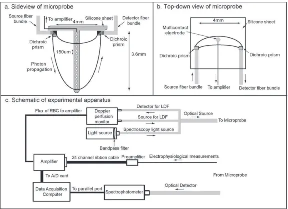 Fig. 1. Schematic of the laminar optode and experimental apparatus. (a, b) Side and top-down views of device