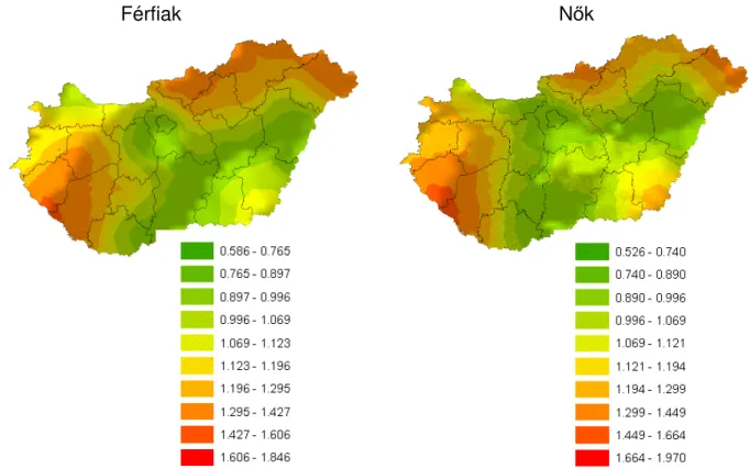 4. ábra. A  STROKE HALÁLOZÁS TERÜLETI EGYENLŐTLENSÉGEI  2004- BEN  –  EMPIRIKUS  B AYES SIMÍTÁSSAL  BECSÜLT KISTÉRSÉGENKÉNTI ÉRTÉKEK ALAPJÁN ILLESZTETT DOMBORFELÜLET