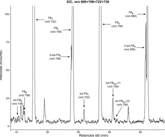 8. ábra. Kaliforniai-eredetű mazsolaminta kivonatának RP-HPLC/ESI–ITMS egyesített  extrahált ion kromatogramja (EIC, m/z 690+706+722+738, nagyított)
