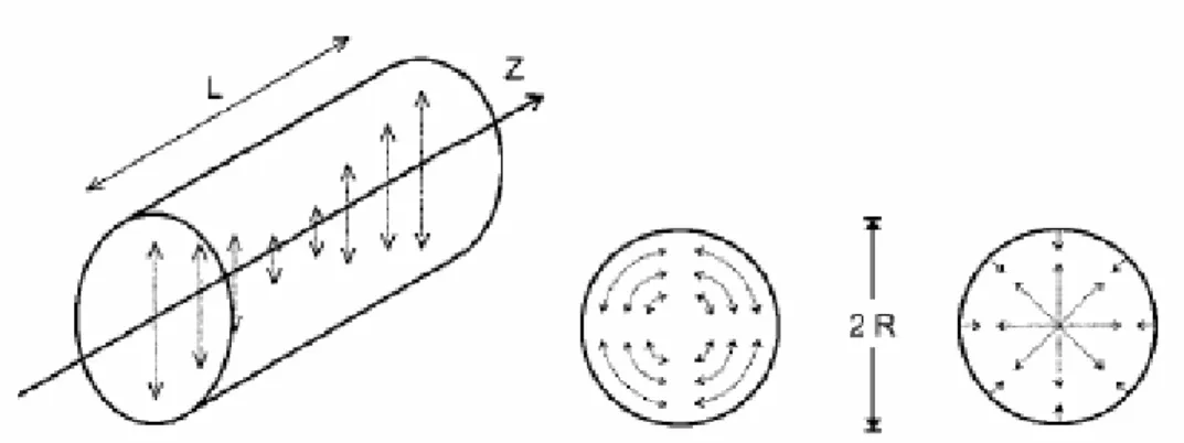 1.4. ábra. Hengerrezonátorban kialakuló rezonanciafajták. Balról jobbra: longitudinális,  azimutális és radiális rezonancia