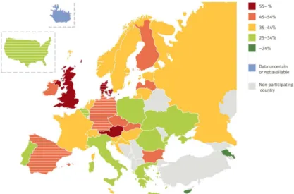 14. ábra A lerészegedés el ő z ő  évi prevalencia értéke Európa országaiban, 2007, 16 évesek 