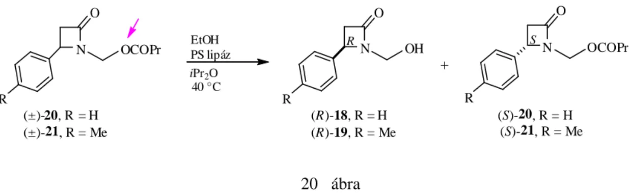 4. táblázat. A (±)-20 (0,1 M) lipáz (30 mg ml -1 )-katalizált debutirilezése EtOH-lal iPr 2 O-ben (1:10),  különbözı hımérsékleten   Sor  Enzim   T  (ºC)  Reakció-idı (h) Konv