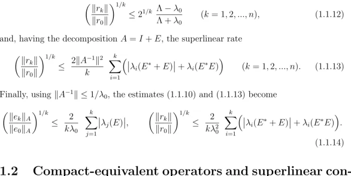Figure 1.1: The convergence history of a CG iteration for a discretized elliptic problem In the context of mesh independent convergence, the ﬁrst (linear) phase has been  prop-erly handled by the equivalent operator theory: if the two operators (the origin