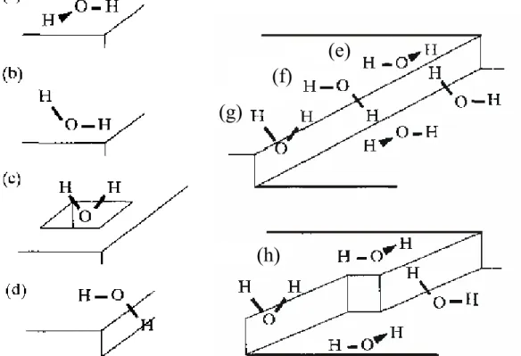 2.1.3.1.1. ábra: A legfontosabb vízorientációk: (a) és (b) tökéletesen sík Pt(100) felület fölött, (c)  ponthibában, (d) lépcső élénél (a  – bal oldali ábra)