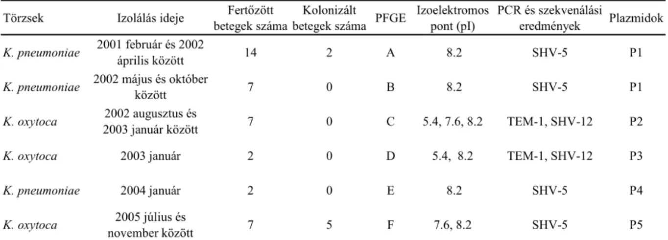 1. táblázat A I. PIC-en izolált Klebsiella  törzsek jellemzıi