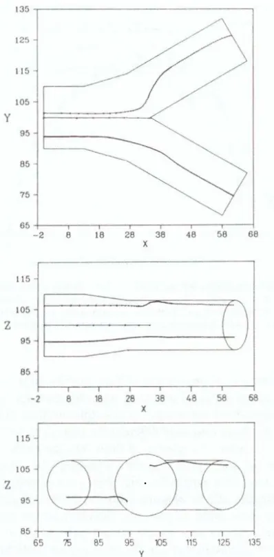 46. ábra Három 0,01 µm átmérıjő (egységnyi sőrőségő) részecske szimulált trajektóriája egy 