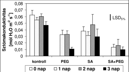 7. ábra. Tápoldatban nevelt, 2 hetes kukorica sztómakonduktivitása 1  napig  tartó  0,5  mM  szalicilsavval  kezelt  (SA)  és  kezeletlen  (K)  növényeknél  22/20  °C-on,  16/8  h  fény/sötét  periódussal,  és  az  ezt  követı  3  napos  szárazságstressz  