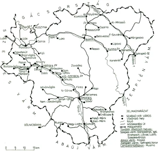 10. kép. Sáros vármegye vásárai és főbb útvonalai a 18. században   (Udvari–Viga 1993