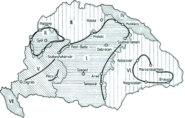 2. kép. A Kárpát-medence vásárvonalai és feudális kori régiói   (Frisnyák 2009. nyomán)