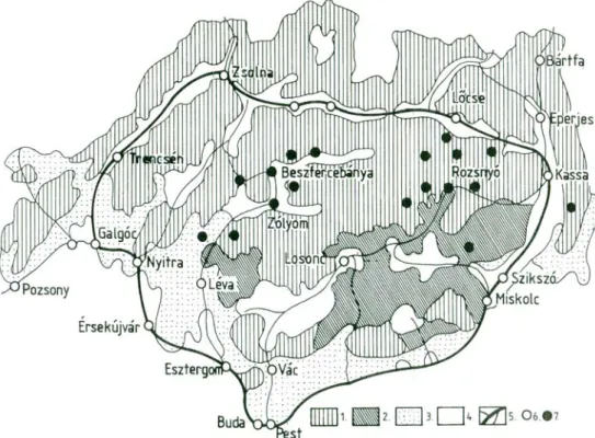 6. kép. A Felföld térszerkezete a 18–19. században (Frisnyák 1998. 367. nyomán). 