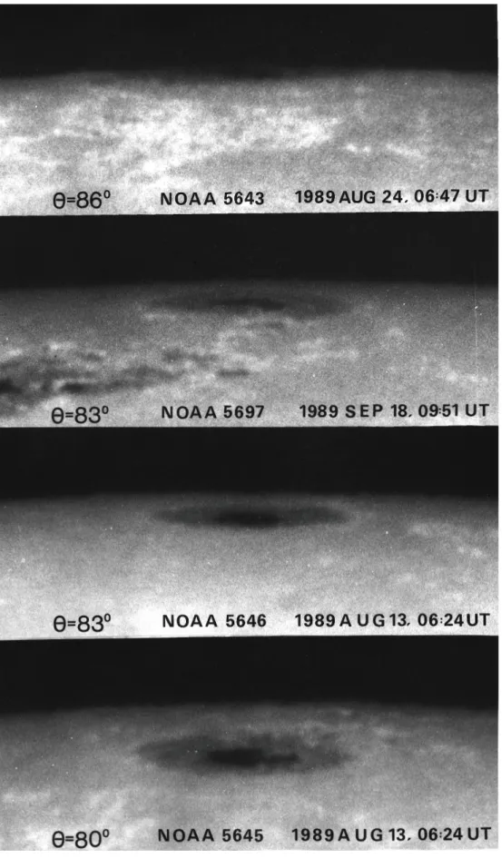 21. ábra. Néhány közel szabályos napfolt képe a napkorong pereméhez közel. Az  umbra  látható  marad  egészen  θ   =  86 ° -ig,  ezért  a  penumbra  hajlásszöge  a  felszínhez ( φ ) nem lehet nagyobb 4 ° -nál