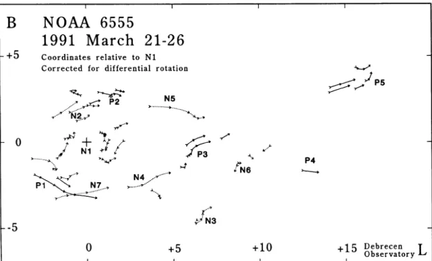 37. ábra. A NOAA 6555 aktív vidék főbb umbráinak trajektóriái a stabil N1 umbrához  viszonyítva